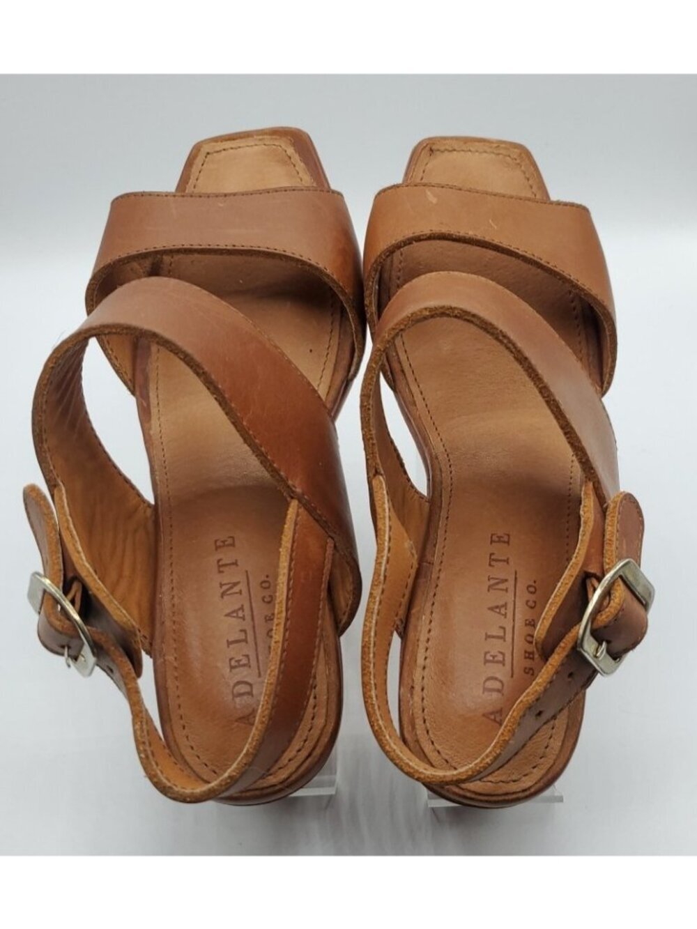 Adelante The Serena Sandal Sz 8C Tan Square Toe Heel Handmade Leather Shoes - Picture 12 of 14